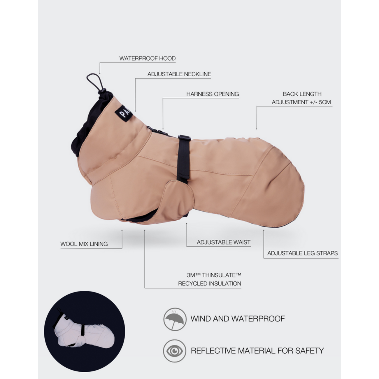 Hochreflektierender Hundewintermantel Wool Taupe Bild 4