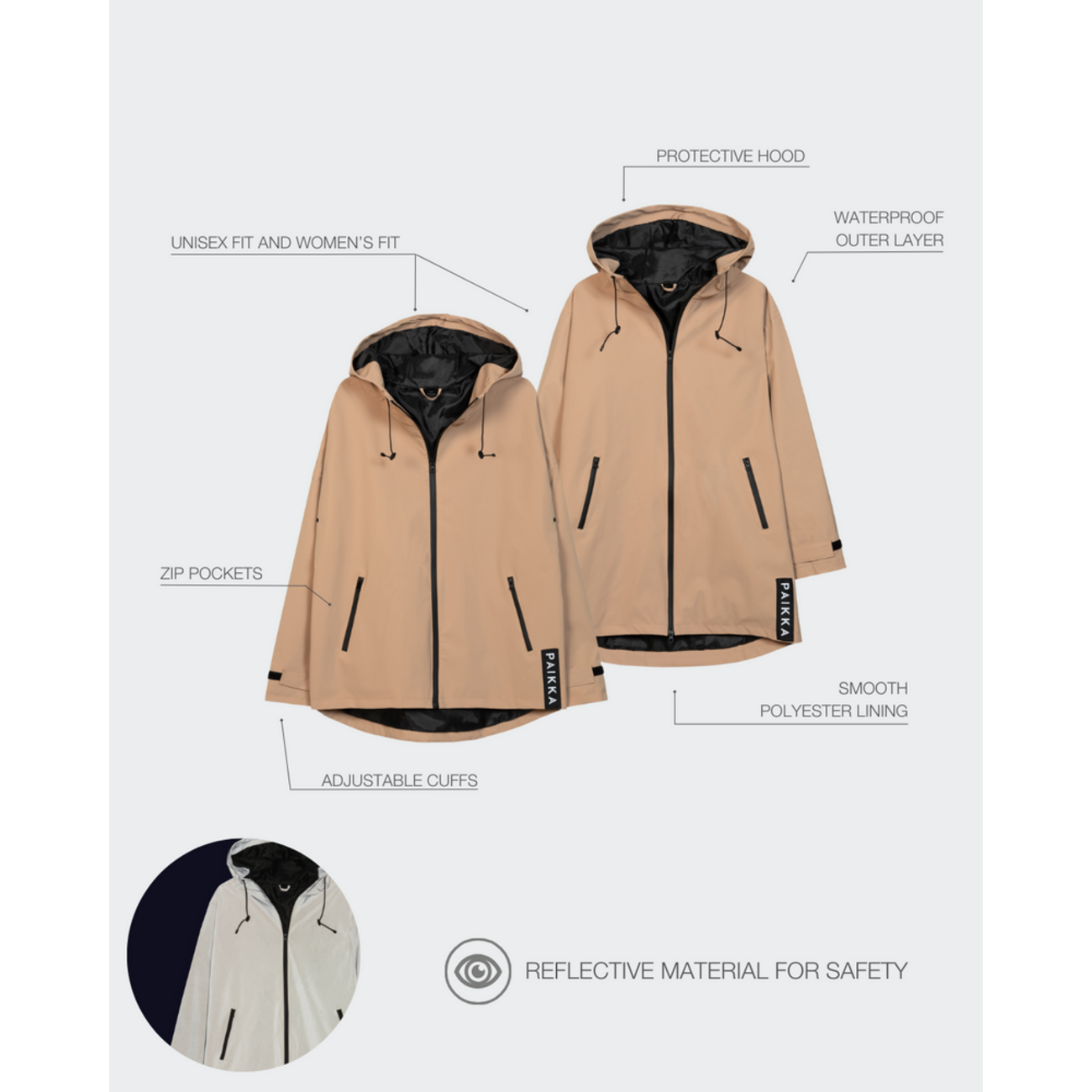 PAIKKA Human Visibility Raincoat Lite taupe – Reflektierende Unisex Regenjacke Bild 5