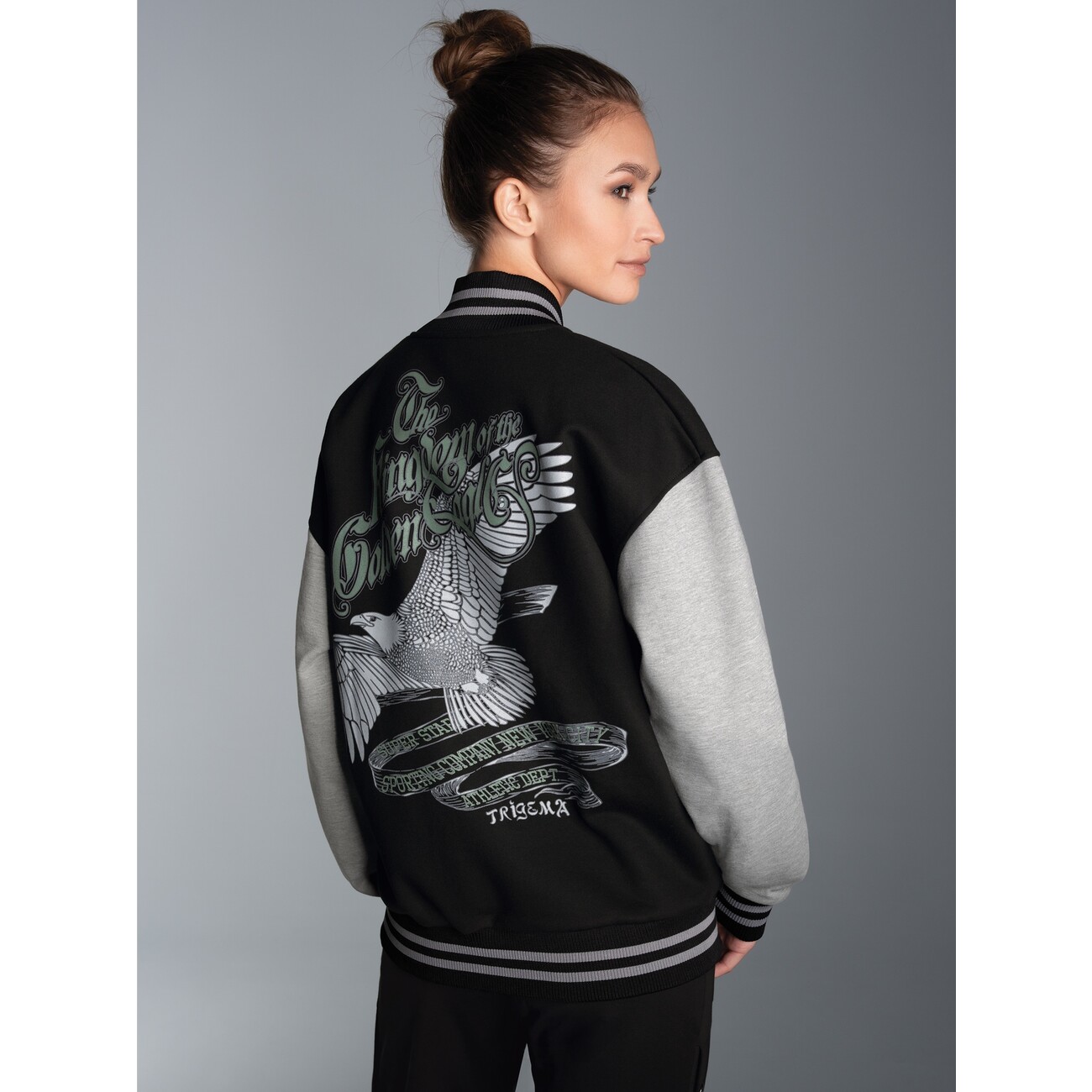 Collegejacke mit großem Adler-Rückenprint Schwarz Bild 2