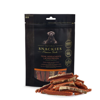 Snackies Feine geräucherte Lachsstreifen für Hunde – Getreidefrei & Monoprotein
