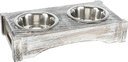Hundenapf doppelt mit Vintage Holzständer 2 × 0,45 l/ø 12 cm, 36 × 7 × 19 cm, weiß